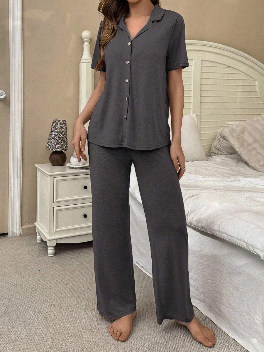 SHEIN Soft & Skin-Friendly Cardigan Button Closure Unisex Casual Pajama Set - Image 37