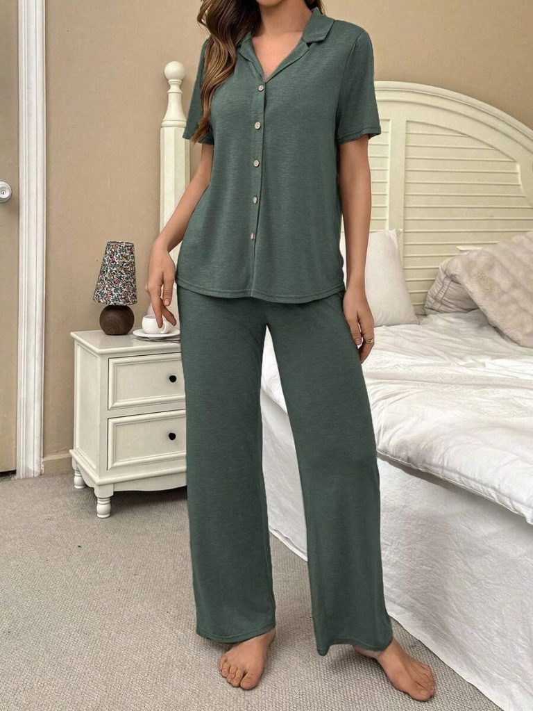 SHEIN Soft & Skin-Friendly Cardigan Button Closure Unisex Casual Pajama Set - Image 42