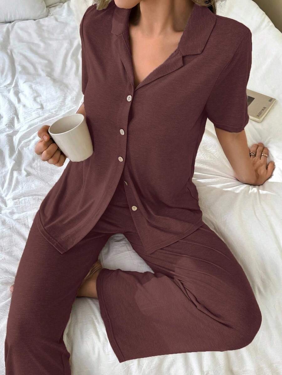SHEIN Soft & Skin-Friendly Cardigan Button Closure Unisex Casual Pajama Set - Image 44