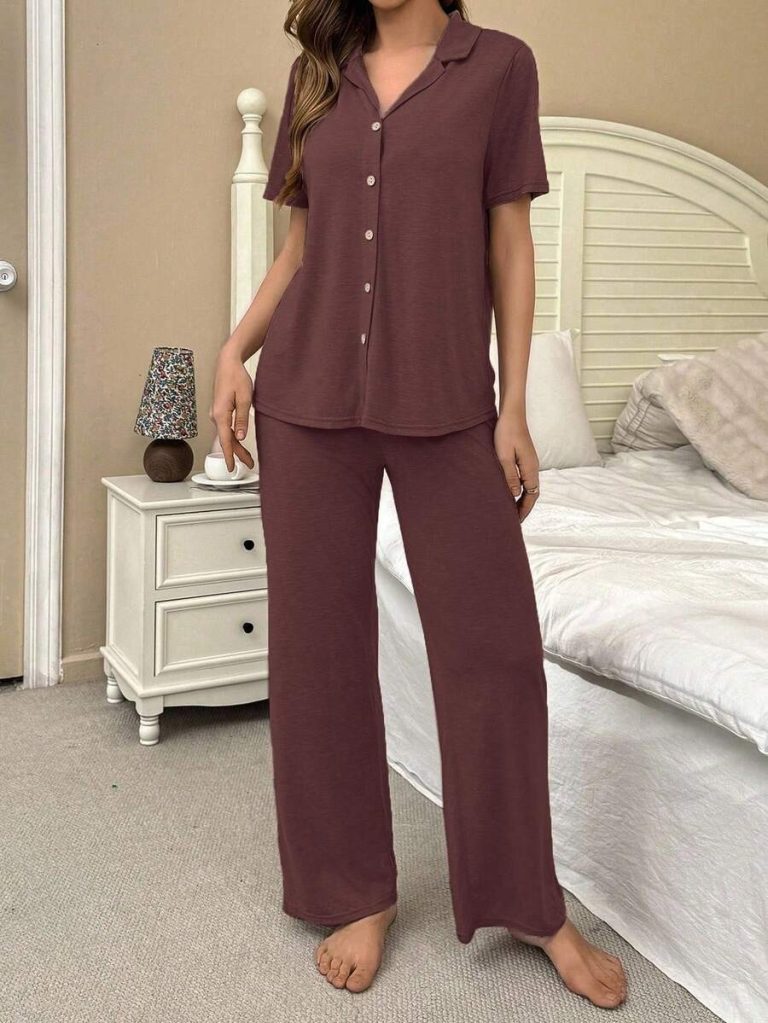 SHEIN Soft & Skin-Friendly Cardigan Button Closure Unisex Casual Pajama Set - Image 46