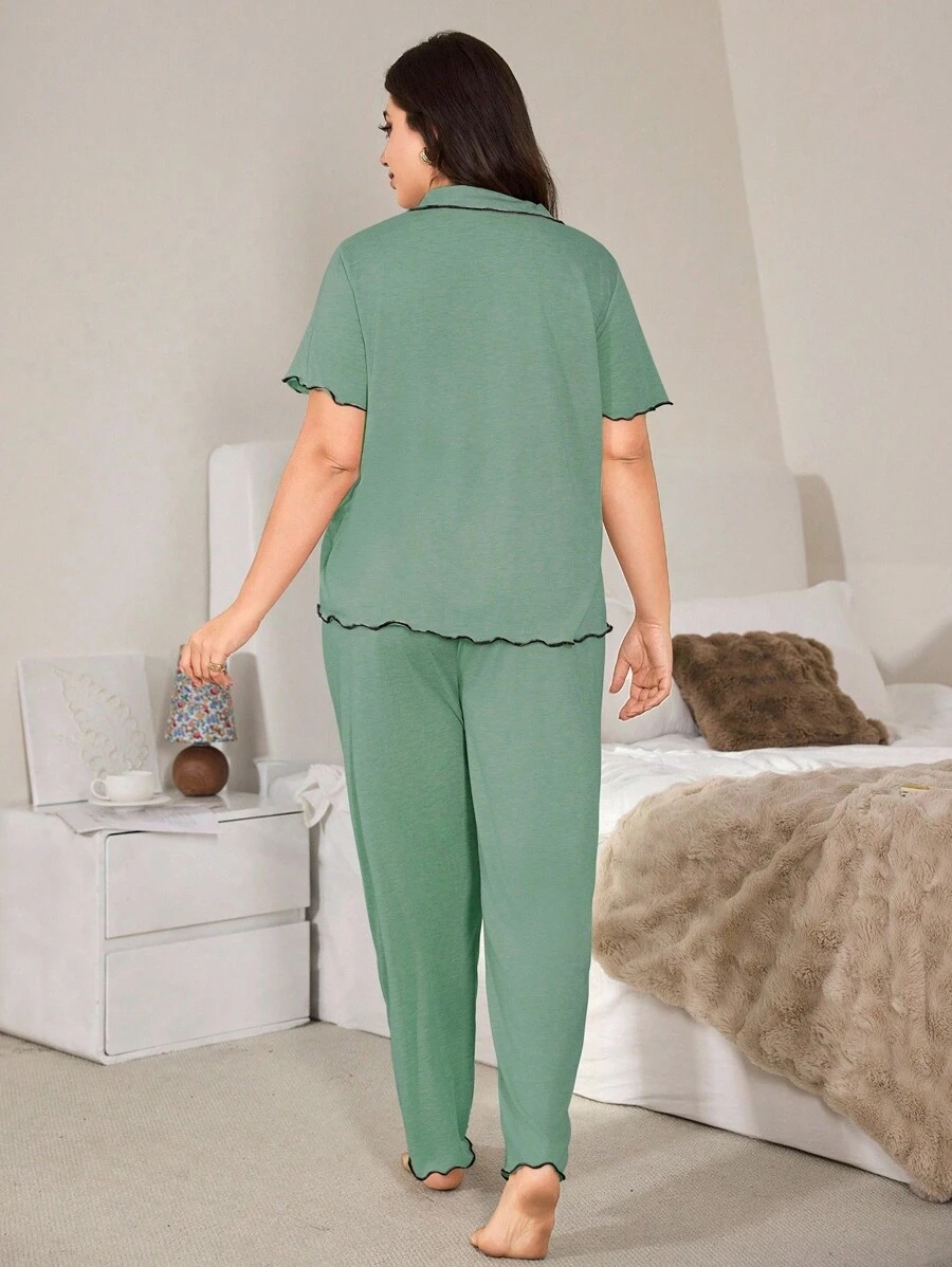 SHEIN Casual Loose Fit Frill Trim Super Soft Drapey Lightweight KnitFabric Set, Plus Size, Short Sleeve Top & Long Pants, Summer, Outfits - Image 3