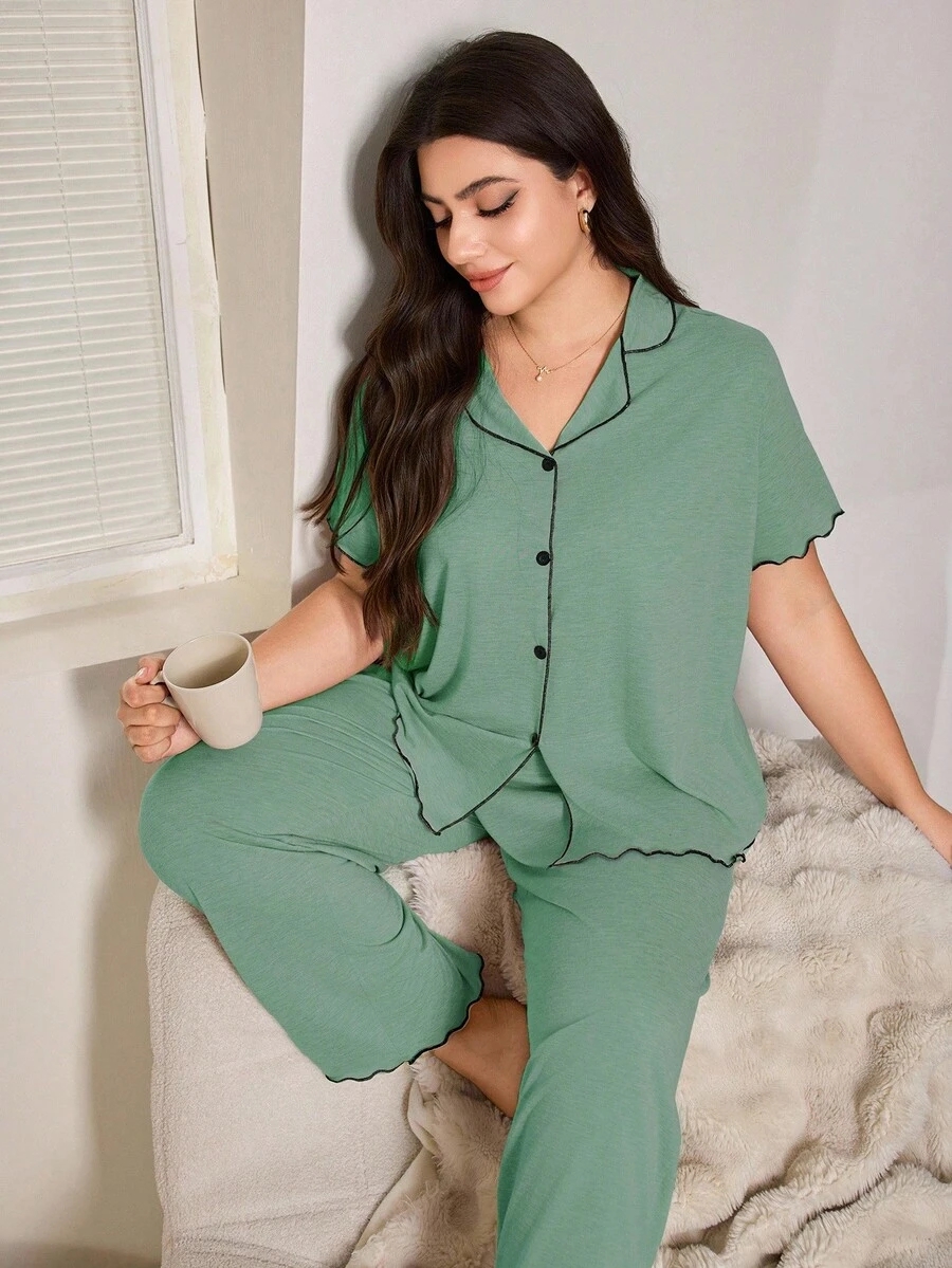 SHEIN Casual Loose Fit Frill Trim Super Soft Drapey Lightweight KnitFabric Set, Plus Size, Short Sleeve Top & Long Pants, Summer, Outfits - Image 5