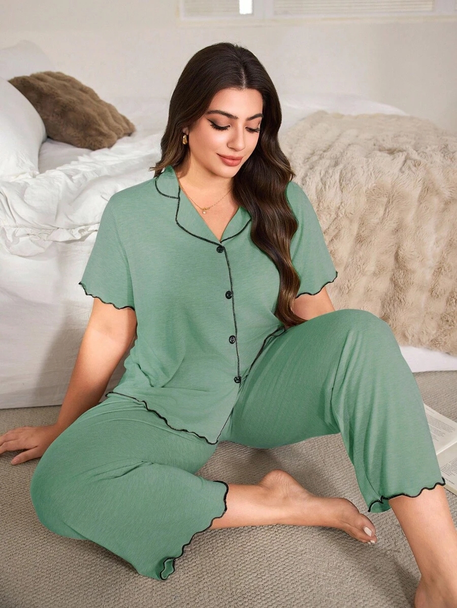 SHEIN Casual Loose Fit Frill Trim Super Soft Drapey Lightweight KnitFabric Set, Plus Size, Short Sleeve Top & Long Pants, Summer, Outfits - Image 6