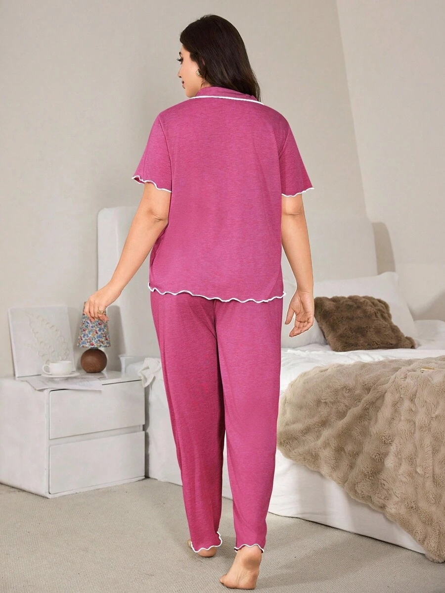 SHEIN Casual Loose Fit Frill Trim Super Soft Drapey Lightweight KnitFabric Set, Plus Size, Short Sleeve Top & Long Pants, Summer, Outfits - Image 9