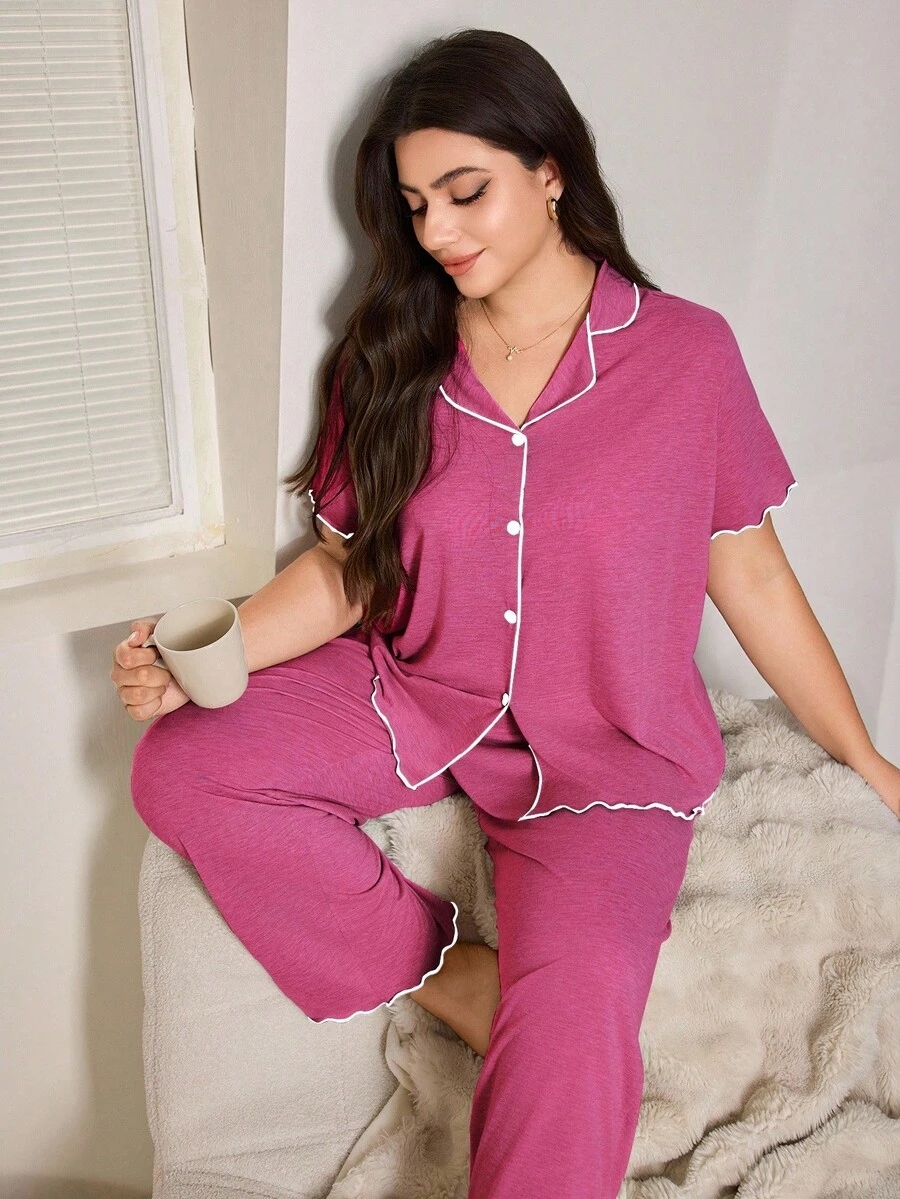 SHEIN Casual Loose Fit Frill Trim Super Soft Drapey Lightweight KnitFabric Set, Plus Size, Short Sleeve Top & Long Pants, Summer, Outfits - Image 11