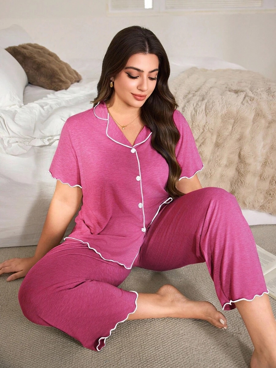 SHEIN Casual Loose Fit Frill Trim Super Soft Drapey Lightweight KnitFabric Set, Plus Size, Short Sleeve Top & Long Pants, Summer, Outfits - Image 13