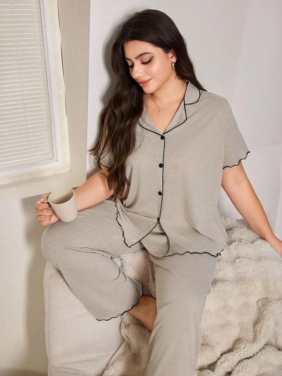 SHEIN Casual Loose Fit Frill Trim Super Soft Drapey Lightweight KnitFabric Set, Plus Size, Short Sleeve Top & Long Pants, Summer, Outfits - Image 17