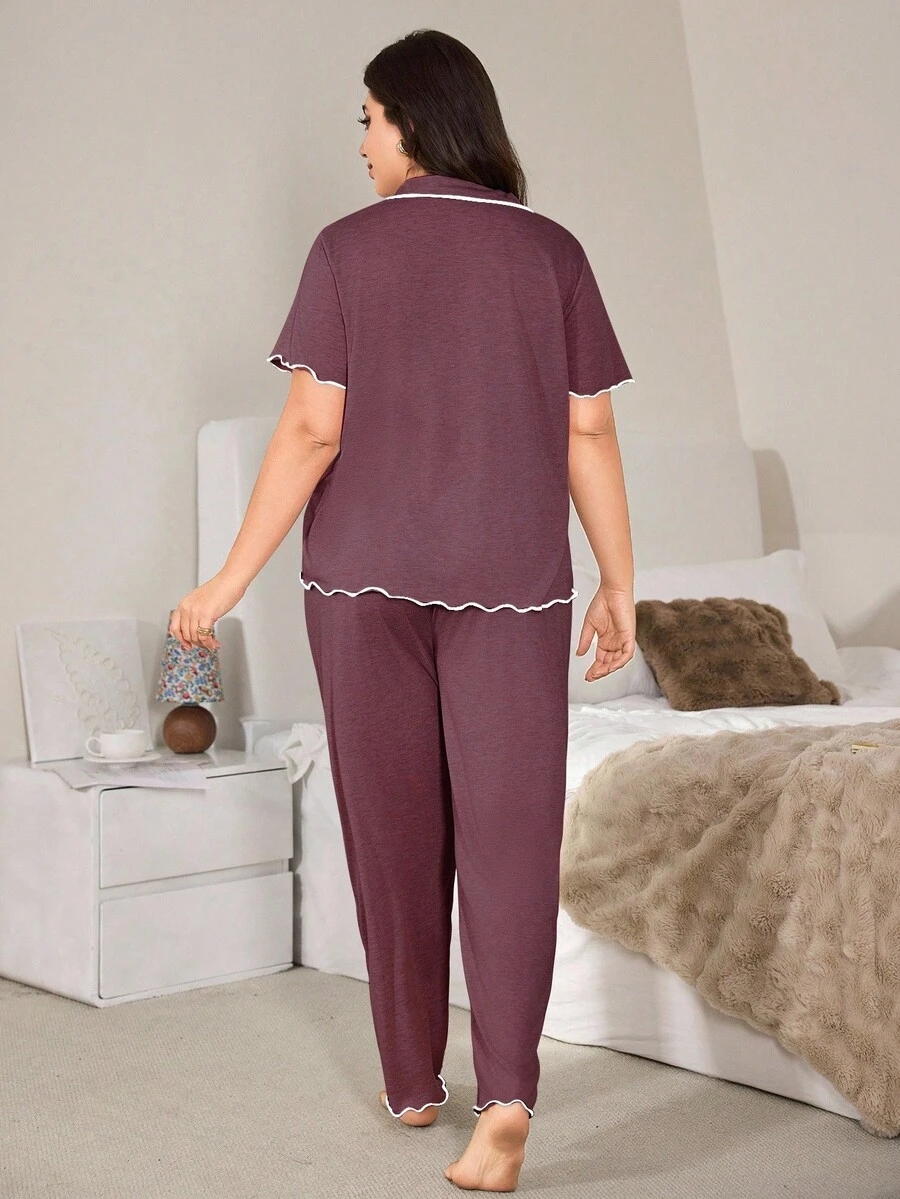 SHEIN Casual Loose Fit Frill Trim Super Soft Drapey Lightweight KnitFabric Set, Plus Size, Short Sleeve Top & Long Pants, Summer, Outfits - Image 21