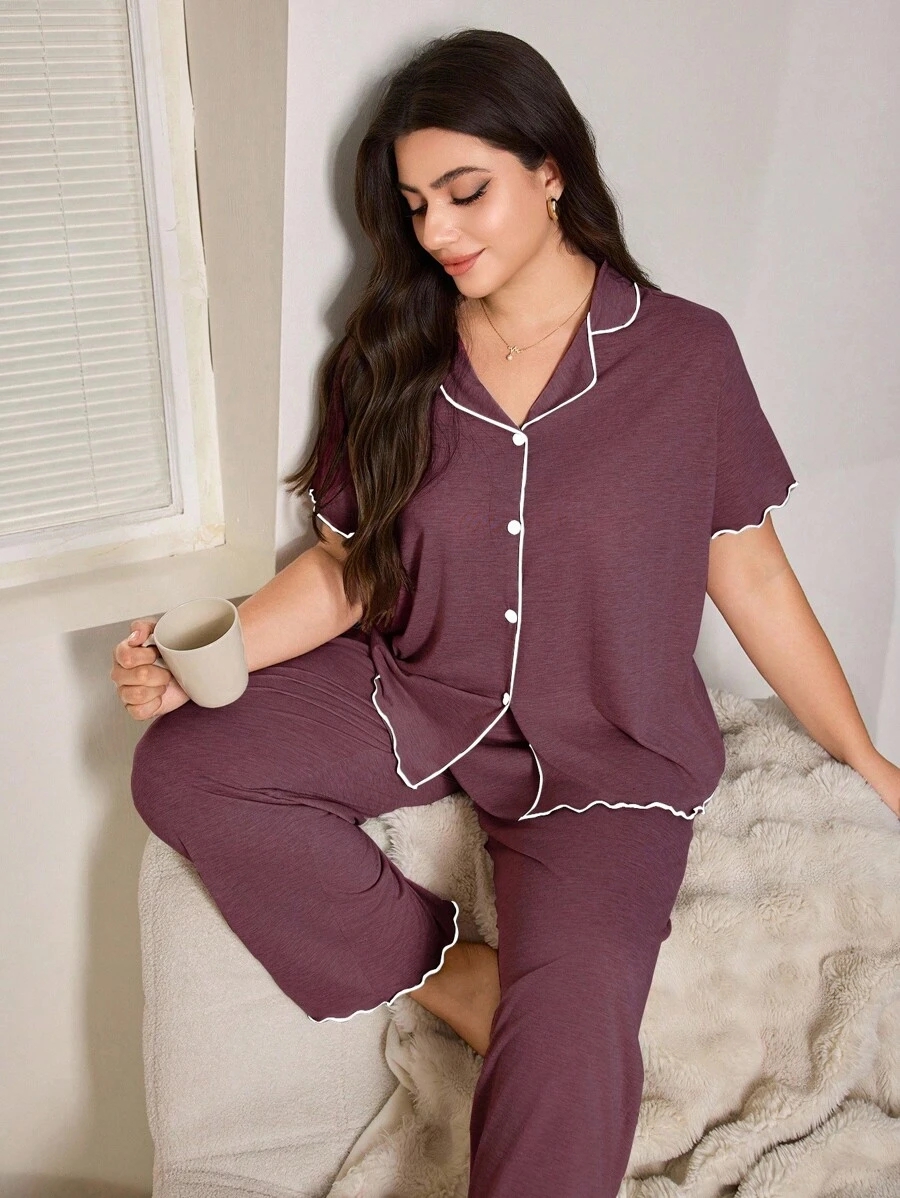 SHEIN Casual Loose Fit Frill Trim Super Soft Drapey Lightweight KnitFabric Set, Plus Size, Short Sleeve Top & Long Pants, Summer, Outfits - Image 23