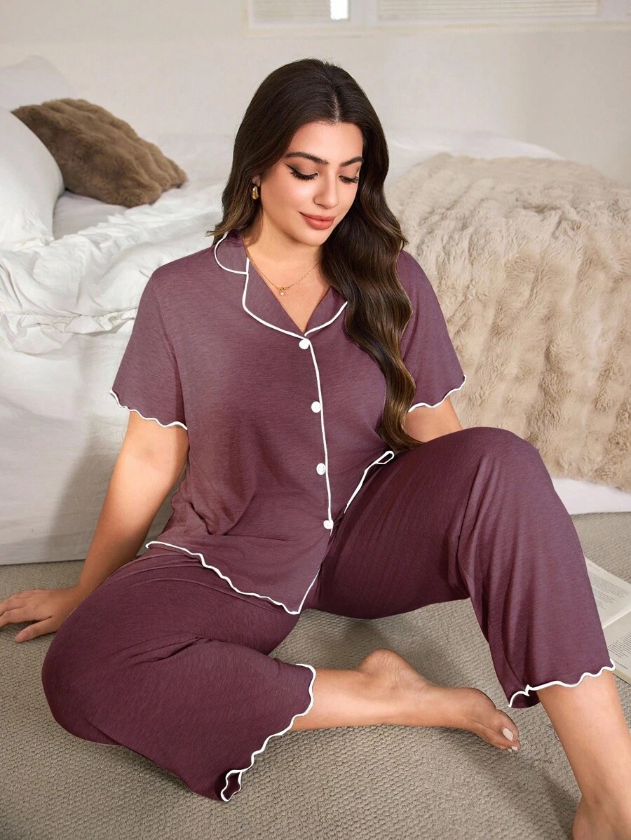 SHEIN Casual Loose Fit Frill Trim Super Soft Drapey Lightweight KnitFabric Set, Plus Size, Short Sleeve Top & Long Pants, Summer, Outfits - Image 24