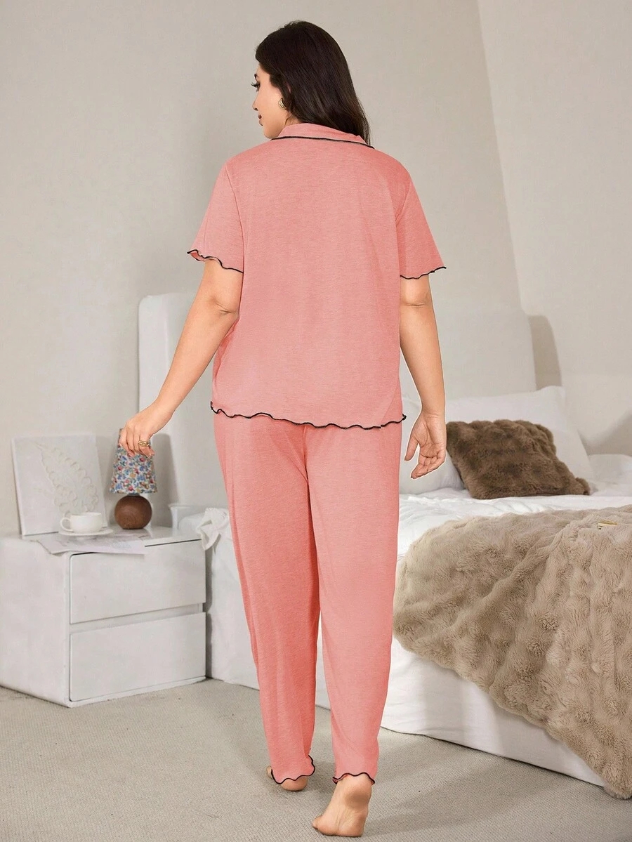 SHEIN Casual Loose Fit Frill Trim Super Soft Drapey Lightweight KnitFabric Set, Plus Size, Short Sleeve Top & Long Pants, Summer, Outfits - Image 27