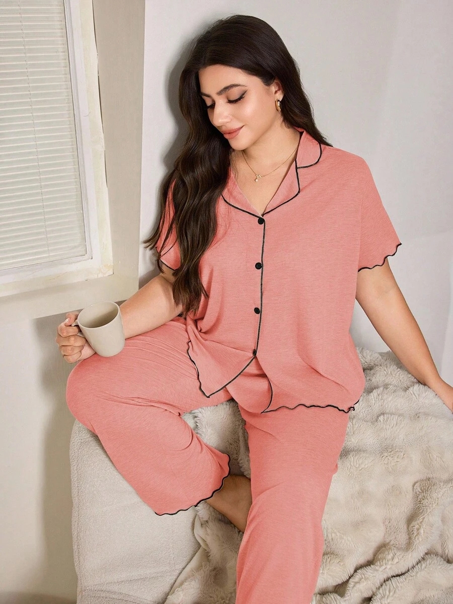 SHEIN Casual Loose Fit Frill Trim Super Soft Drapey Lightweight KnitFabric Set, Plus Size, Short Sleeve Top & Long Pants, Summer, Outfits - Image 29