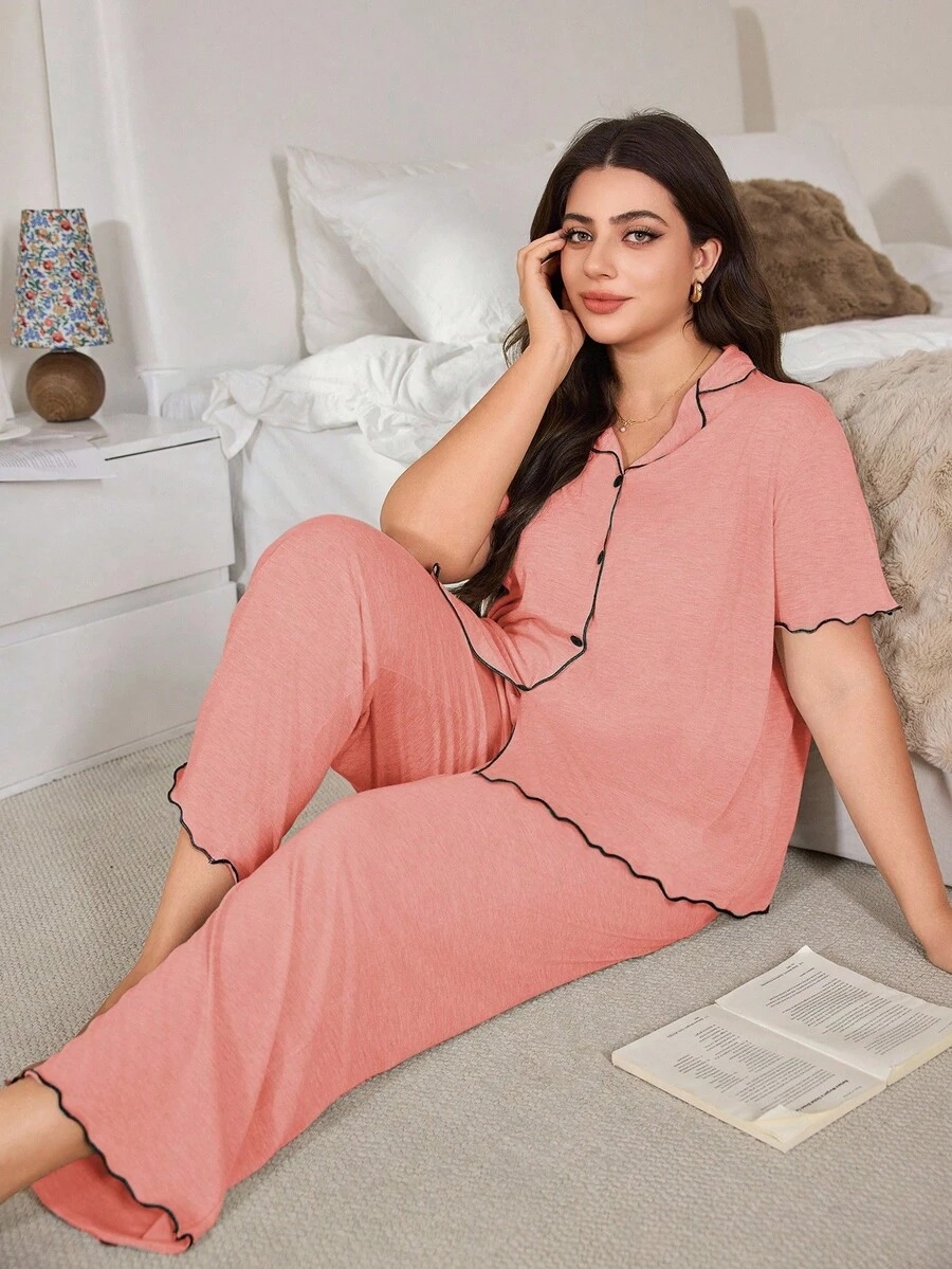 SHEIN Casual Loose Fit Frill Trim Super Soft Drapey Lightweight KnitFabric Set, Plus Size, Short Sleeve Top & Long Pants, Summer, Outfits - Image 30