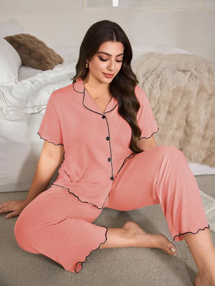 SHEIN Casual Loose Fit Frill Trim Super Soft Drapey Lightweight KnitFabric Set, Plus Size, Short Sleeve Top & Long Pants, Summer, Outfits - Image 31