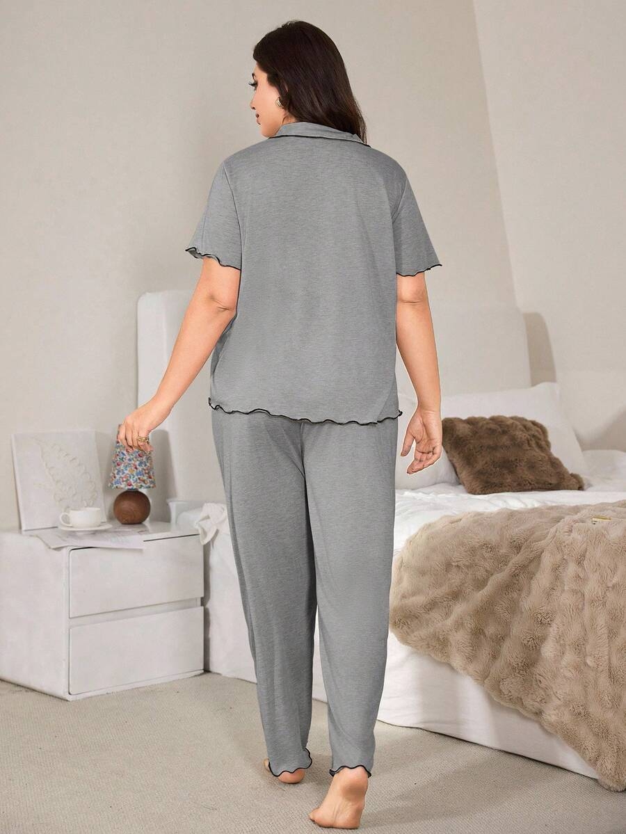 SHEIN Casual Loose Fit Frill Trim Super Soft Drapey Lightweight KnitFabric Set, Plus Size, Short Sleeve Top & Long Pants, Summer, Outfits - Image 33