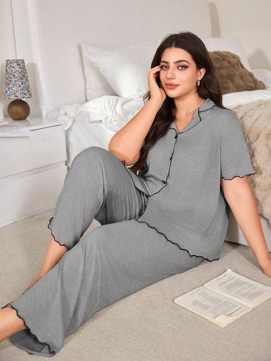 SHEIN Casual Loose Fit Frill Trim Super Soft Drapey Lightweight KnitFabric Set, Plus Size, Short Sleeve Top & Long Pants, Summer, Outfits - Image 37