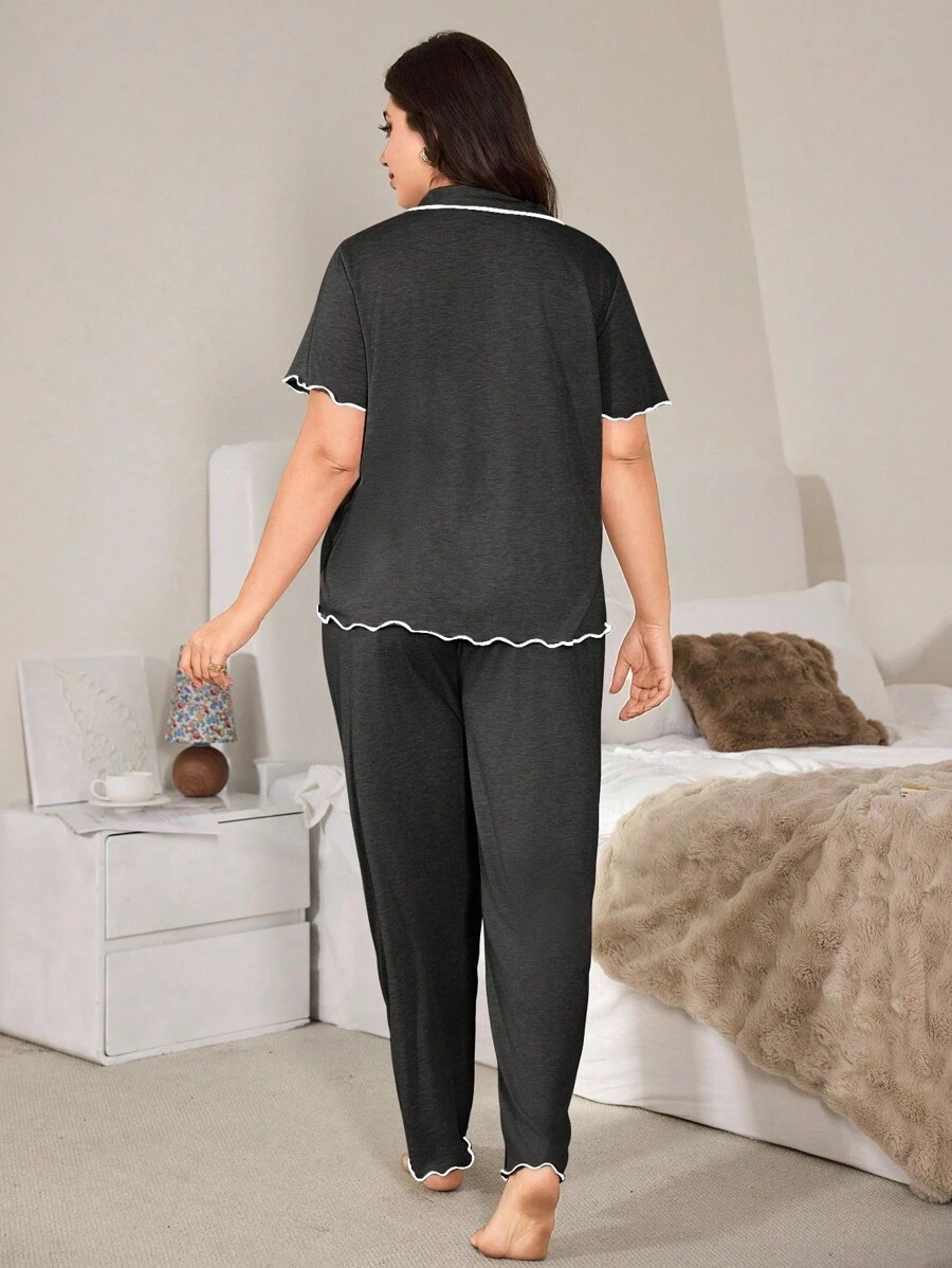 SHEIN Casual Loose Fit Frill Trim Super Soft Drapey Lightweight KnitFabric Set, Plus Size, Short Sleeve Top & Long Pants, Summer, Outfits - Image 39