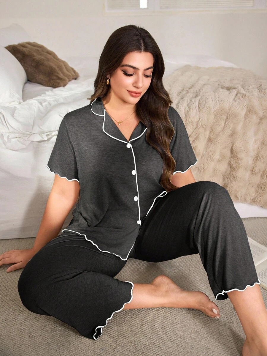 SHEIN Casual Loose Fit Frill Trim Super Soft Drapey Lightweight KnitFabric Set, Plus Size, Short Sleeve Top & Long Pants, Summer, Outfits - Image 42