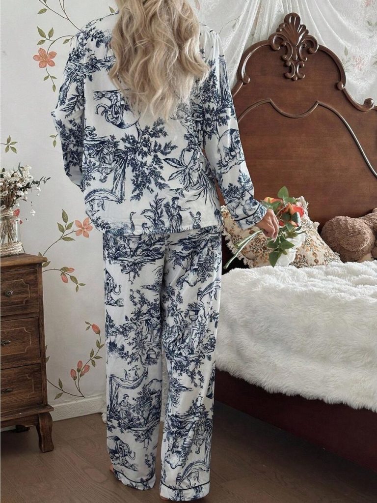 SHEIN Chinese Style Figure & Landscape Print Long Sleeve Pajama Set With Collar Matching Lounge Sets, Toile Print Pajamas Blue And White Pajamas Set, Fall Clothes  Cozy And Elegant Details - Image 9