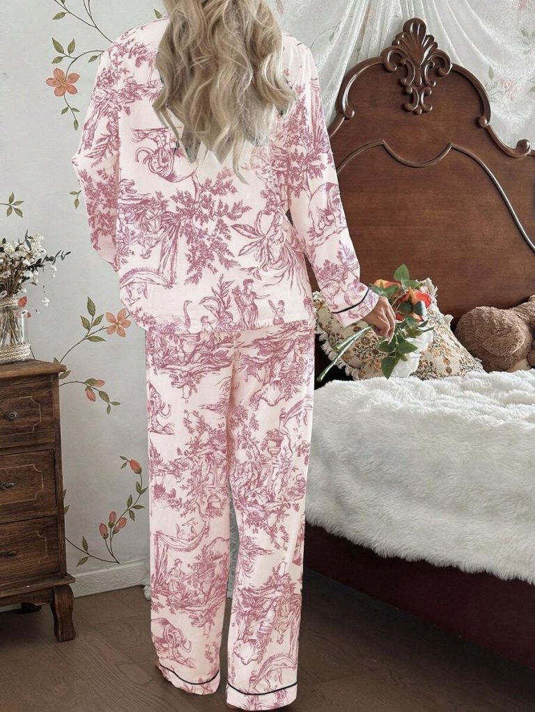 SHEIN Chinese Style Figure & Landscape Print Long Sleeve Pajama Set With Collar Matching Lounge Sets, Toile Print Pajamas Blue And White Pajamas Set, Fall Clothes  Cozy And Elegant Details - Image 15