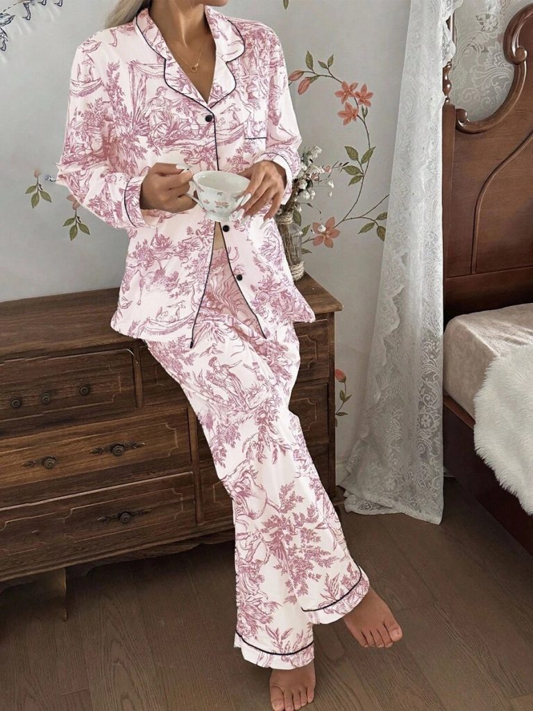 SHEIN Chinese Style Figure & Landscape Print Long Sleeve Pajama Set With Collar Matching Lounge Sets, Toile Print Pajamas Blue And White Pajamas Set, Fall Clothes  Cozy And Elegant Details - Image 17