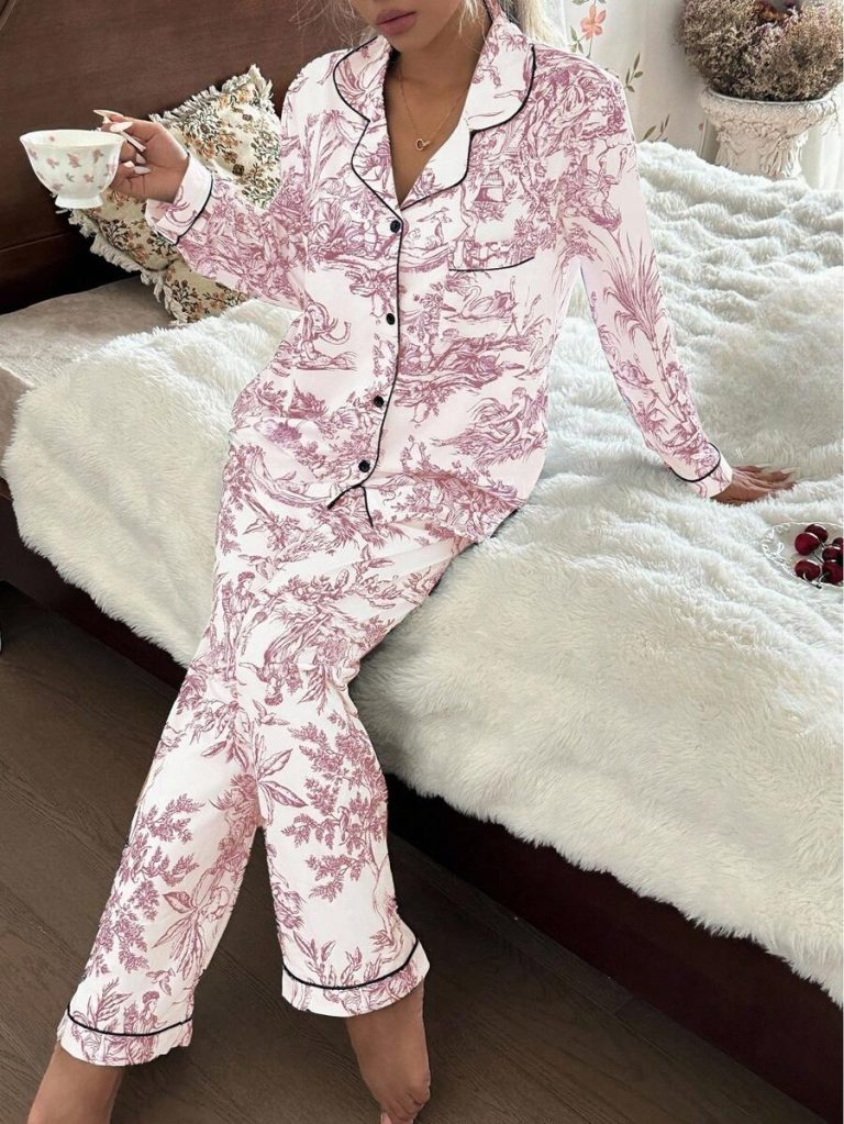 SHEIN Chinese Style Figure & Landscape Print Long Sleeve Pajama Set With Collar Matching Lounge Sets, Toile Print Pajamas Blue And White Pajamas Set, Fall Clothes  Cozy And Elegant Details - Image 18