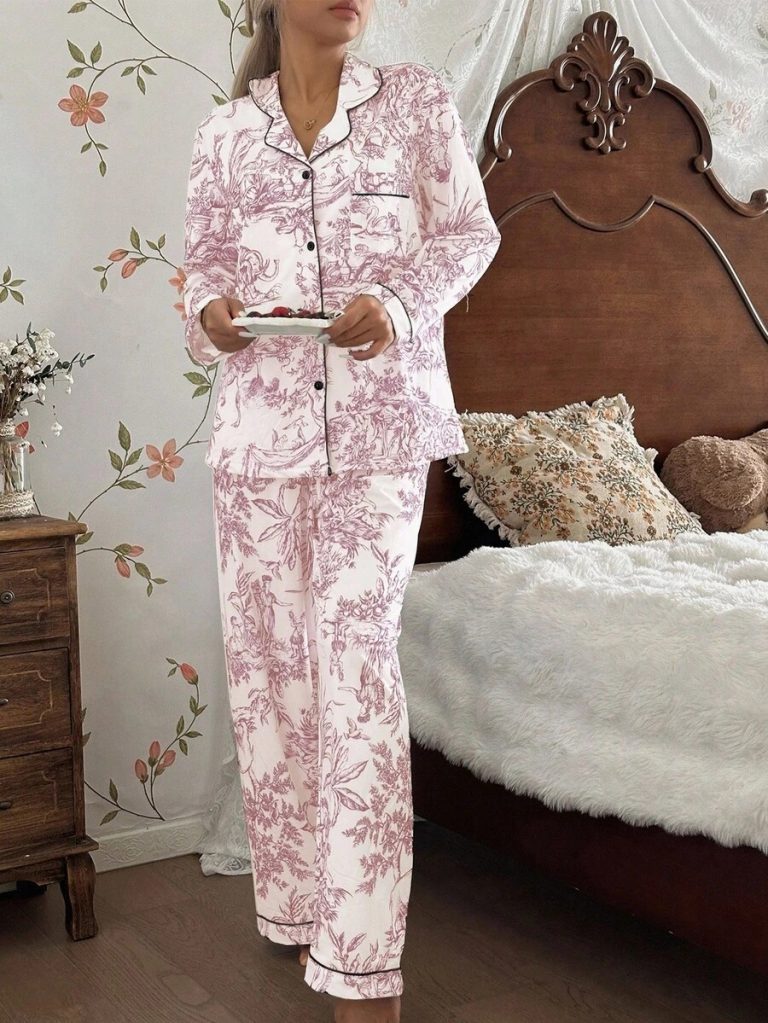 SHEIN Chinese Style Figure & Landscape Print Long Sleeve Pajama Set With Collar Matching Lounge Sets, Toile Print Pajamas Blue And White Pajamas Set, Fall Clothes  Cozy And Elegant Details - Image 19