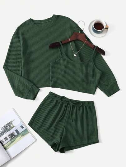Drop Shoulder Tee & Cami Top & Shorts Lounge Set Outfit