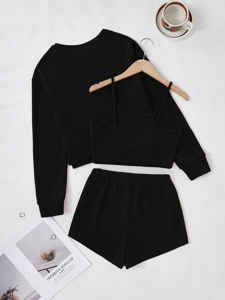 Drop Shoulder Tee & Cami Top & Shorts Lounge Set Outfit - Image 3