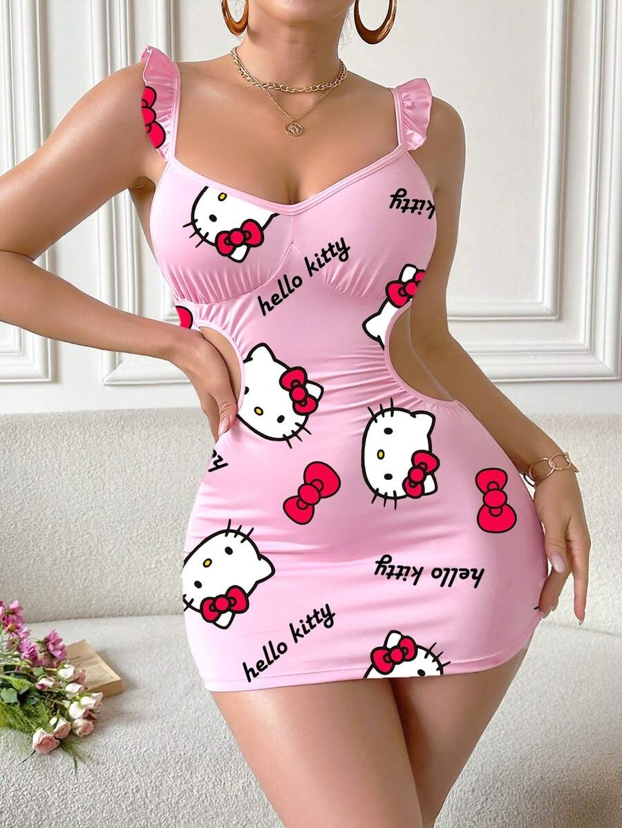 Sanrio Sanrio Women's Hello Kitty Print,Girl Lotus Leaf Edge Small Flying Sleeve Milk Silk,Pink Pajamas,Cute Sleep Dress,Hollow Out, Exposed Waist,Bag Hip Skirt,Babydolls,Sexy Lingerie,Sexy Lingerie Dress - Image 3