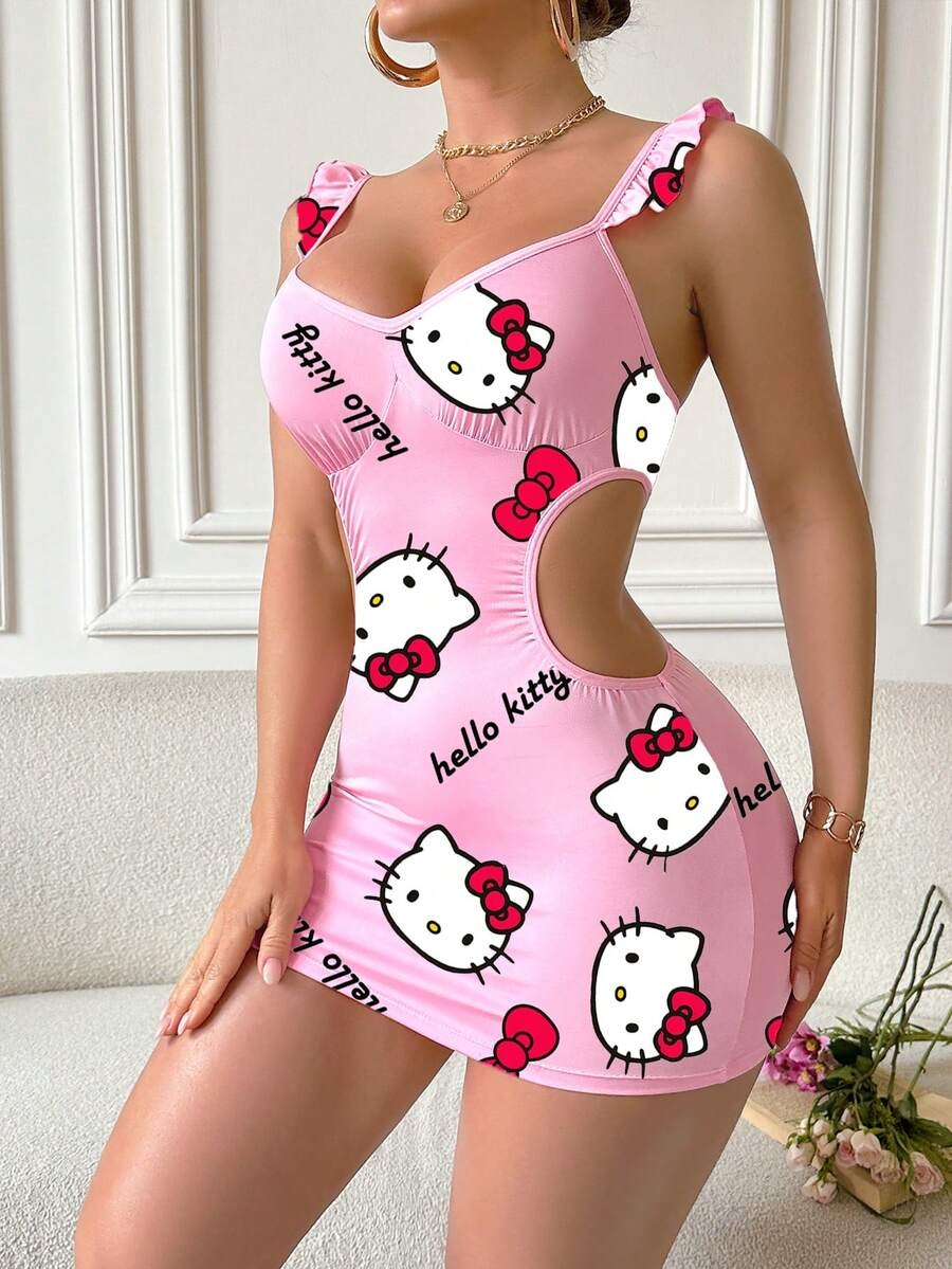 Sanrio Sanrio Women's Hello Kitty Print,Girl Lotus Leaf Edge Small Flying Sleeve Milk Silk,Pink Pajamas,Cute Sleep Dress,Hollow Out, Exposed Waist,Bag Hip Skirt,Babydolls,Sexy Lingerie,Sexy Lingerie Dress - Image 4