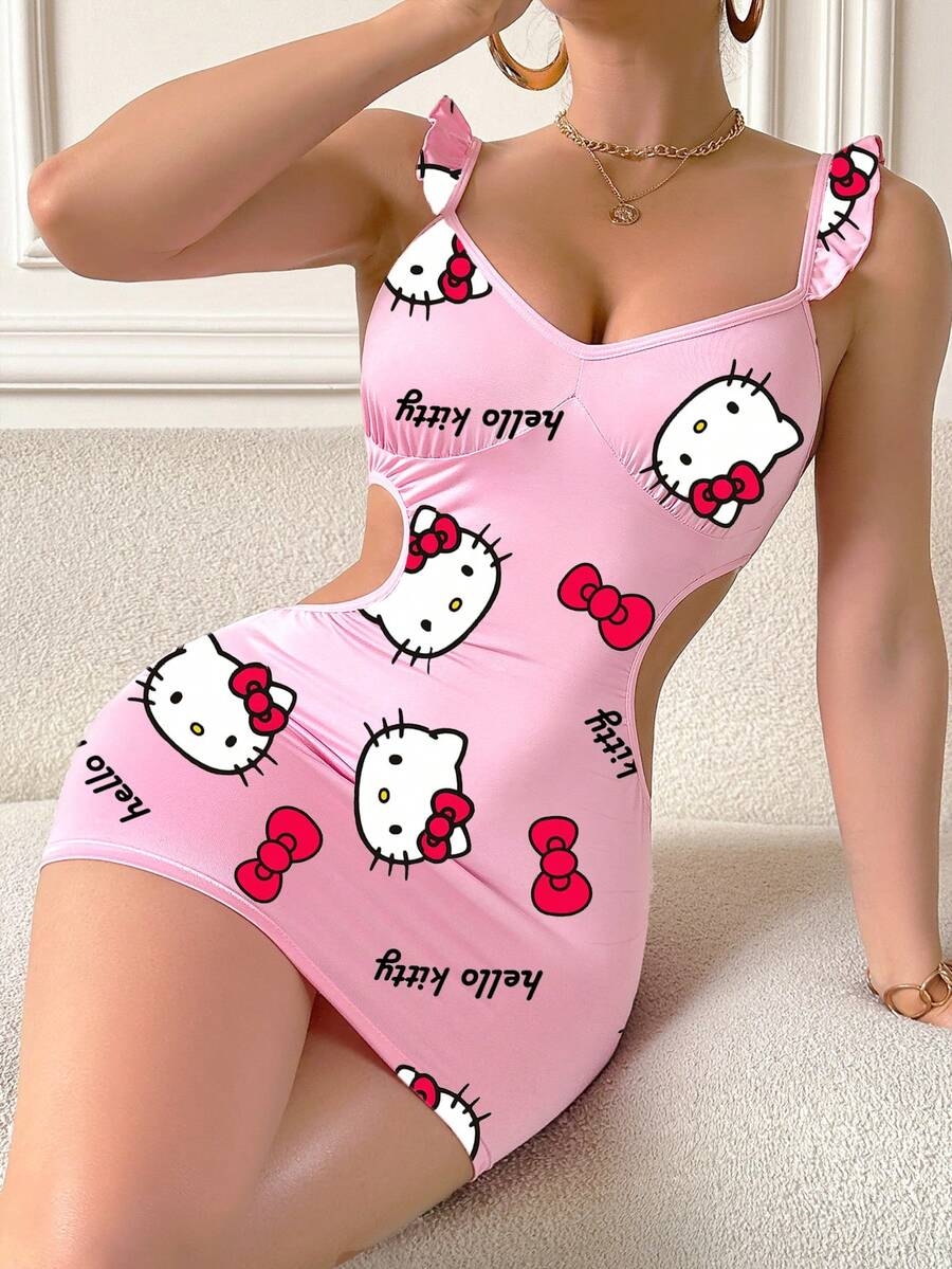 Sanrio Sanrio Women's Hello Kitty Print,Girl Lotus Leaf Edge Small Flying Sleeve Milk Silk,Pink Pajamas,Cute Sleep Dress,Hollow Out, Exposed Waist,Bag Hip Skirt,Babydolls,Sexy Lingerie,Sexy Lingerie Dress - Image 5