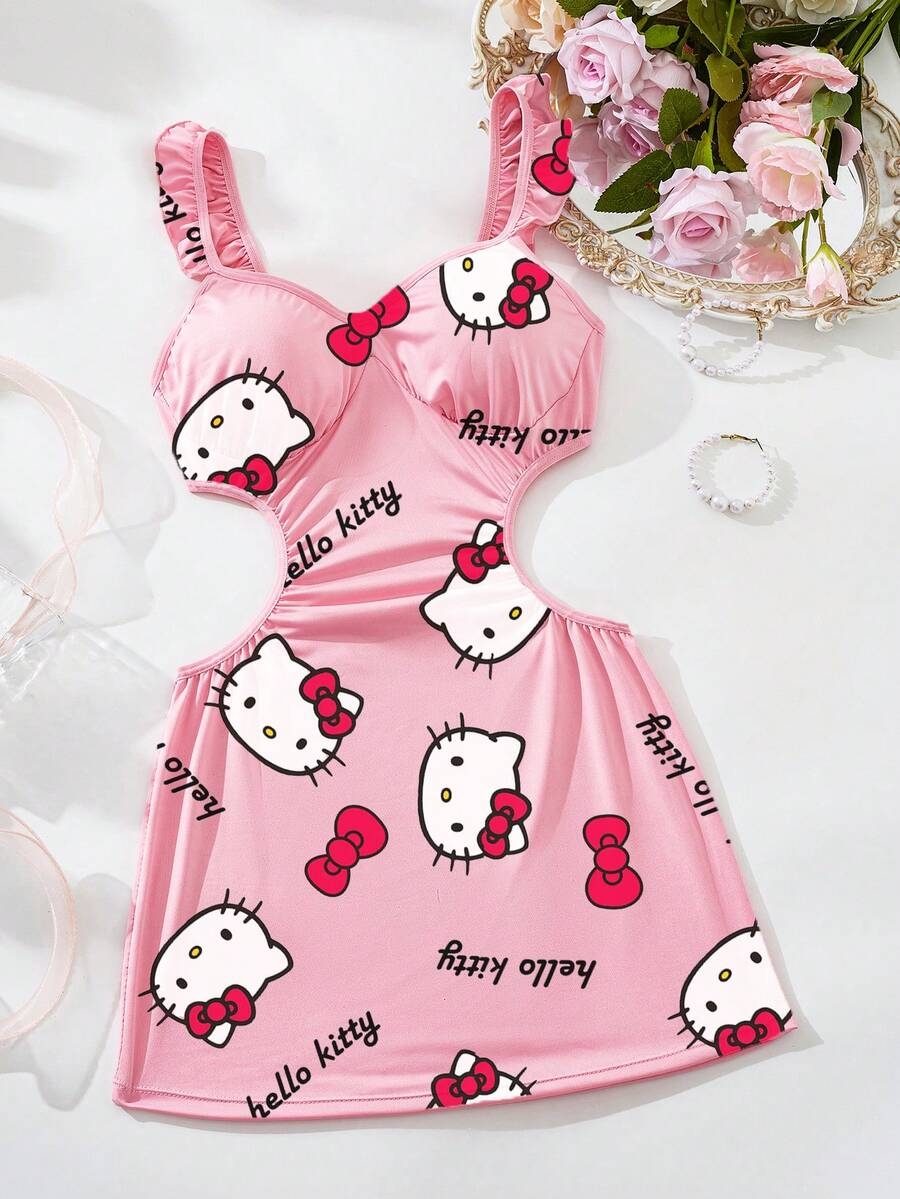 Sanrio Sanrio Women's Hello Kitty Print,Girl Lotus Leaf Edge Small Flying Sleeve Milk Silk,Pink Pajamas,Cute Sleep Dress,Hollow Out, Exposed Waist,Bag Hip Skirt,Babydolls,Sexy Lingerie,Sexy Lingerie Dress - Image 6