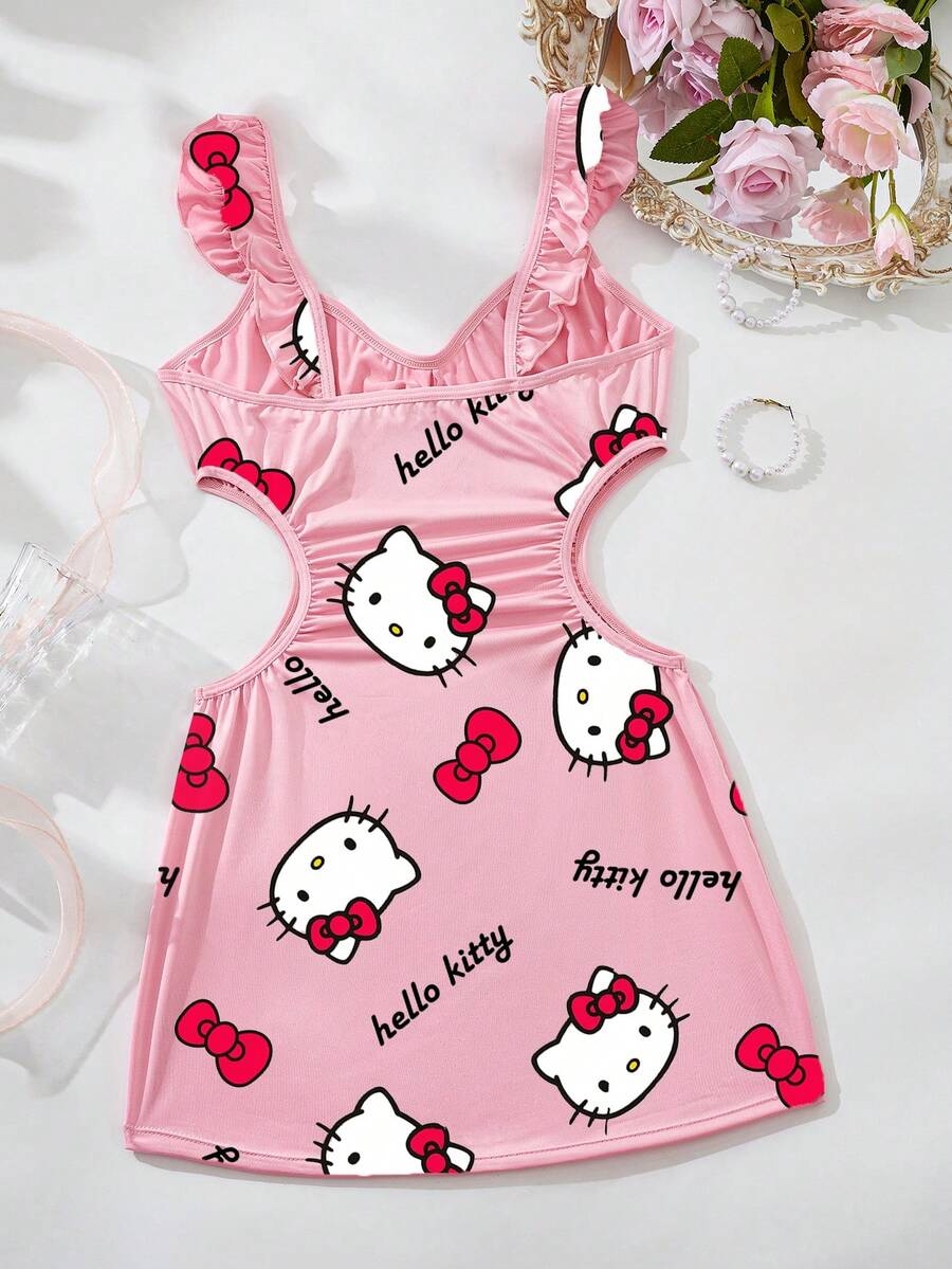 Sanrio Sanrio Women's Hello Kitty Print,Girl Lotus Leaf Edge Small Flying Sleeve Milk Silk,Pink Pajamas,Cute Sleep Dress,Hollow Out, Exposed Waist,Bag Hip Skirt,Babydolls,Sexy Lingerie,Sexy Lingerie Dress - Image 7