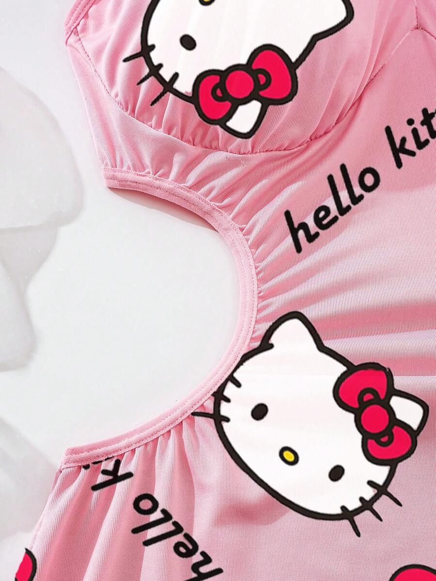Sanrio Sanrio Women's Hello Kitty Print,Girl Lotus Leaf Edge Small Flying Sleeve Milk Silk,Pink Pajamas,Cute Sleep Dress,Hollow Out, Exposed Waist,Bag Hip Skirt,Babydolls,Sexy Lingerie,Sexy Lingerie Dress - Image 9