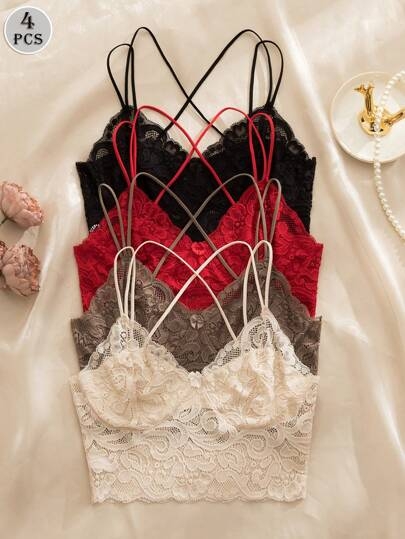 4pcs/Set Multicolor Sexy Women Lace Bra With Bow Decor, Criss-Cross Strap, No Padding & Underwire Lingerie Bowknot