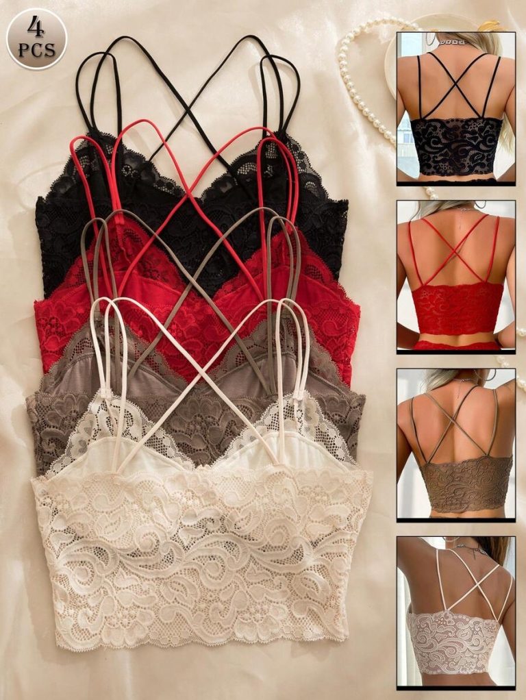 4pcs/Set Multicolor Sexy Women Lace Bra With Bow Decor, Criss-Cross Strap, No Padding & Underwire Lingerie Bowknot - Image 3