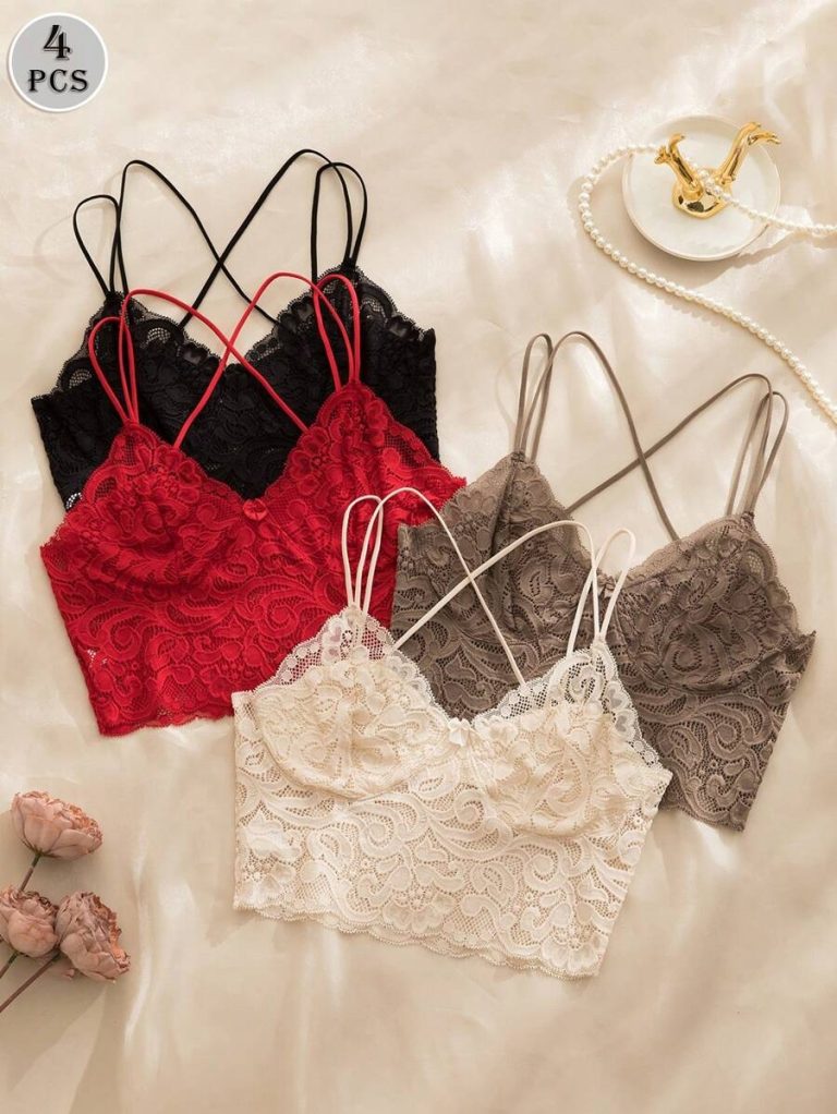 4pcs/Set Multicolor Sexy Women Lace Bra With Bow Decor, Criss-Cross Strap, No Padding & Underwire Lingerie Bowknot - Image 4