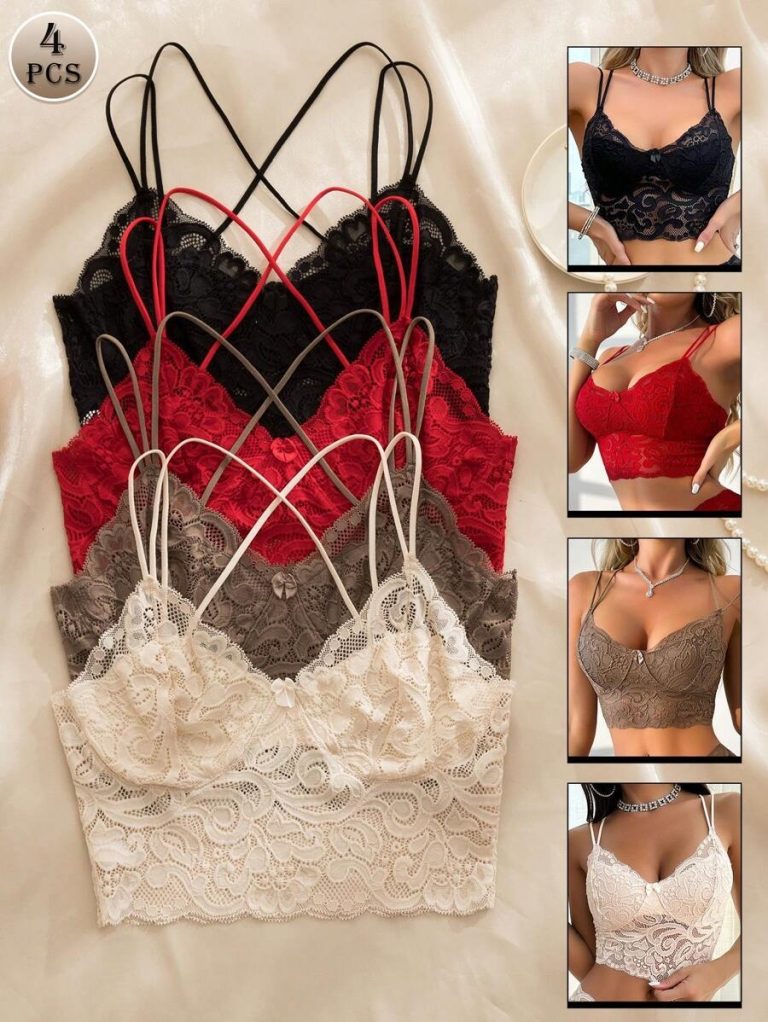 4pcs/Set Multicolor Sexy Women Lace Bra With Bow Decor, Criss-Cross Strap, No Padding & Underwire Lingerie Bowknot - Image 5