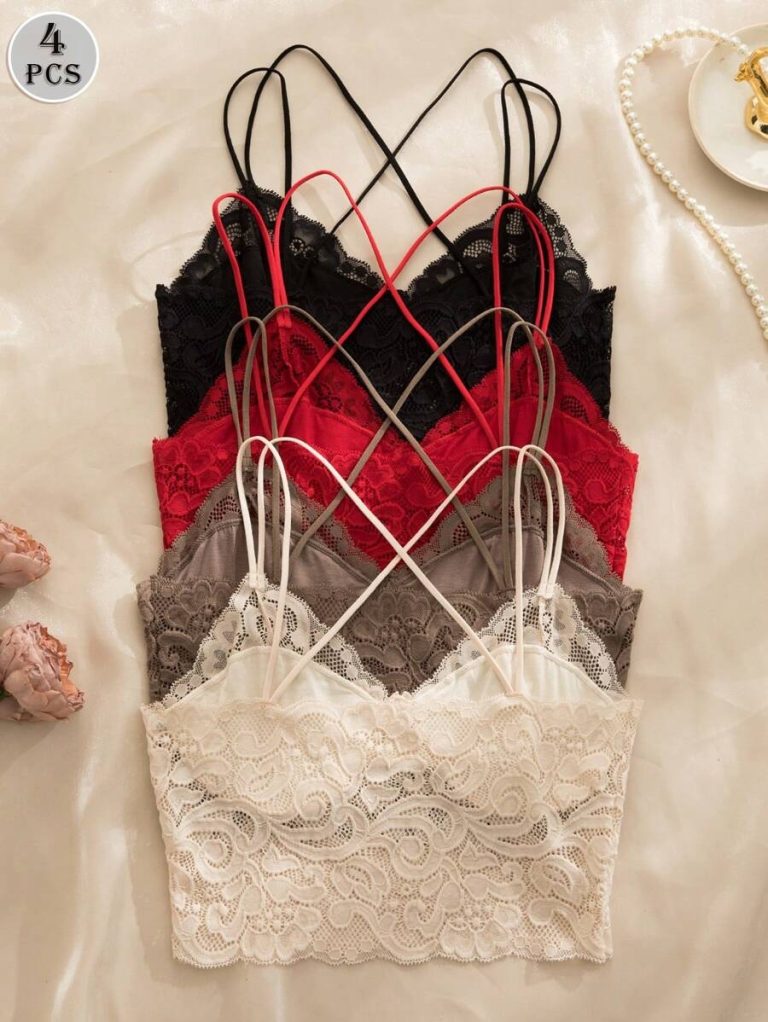 4pcs/Set Multicolor Sexy Women Lace Bra With Bow Decor, Criss-Cross Strap, No Padding & Underwire Lingerie Bowknot - Image 6