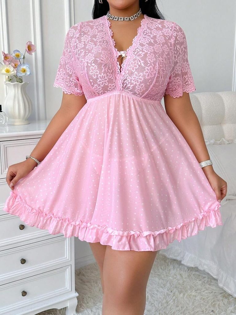 2pcs Plus Size Sexy Lingerie Set: Lace & Mesh Deep V Hollow Heart Rhinestone Decor Camisole Slip Dress + G-String - Image 4
