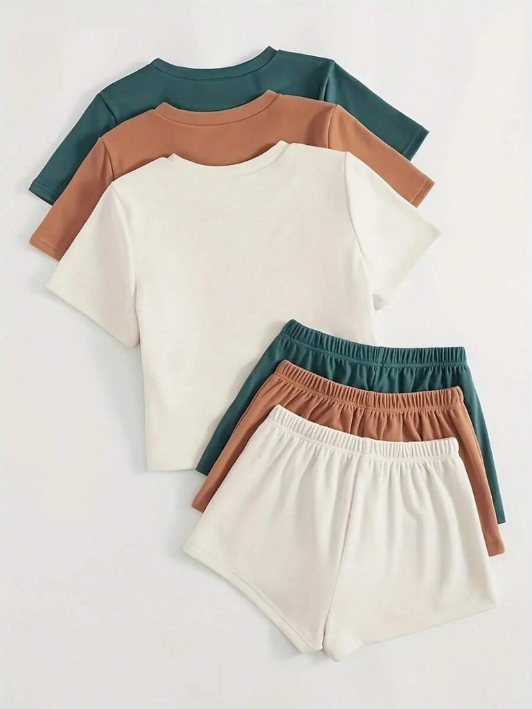 3pcs Women Comfortable Pajama Sets: Short Sleeve Round Neck Top And Loose Shorts - Easy Care, Drawstring, Knitted Fabric, Suitable For Spring/Summer Sportswear And Outdoor, Great For Summer Nights And Leisure Days, Lounge Outfit - Image 9