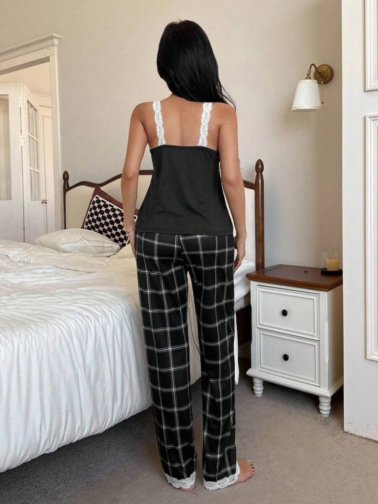 SHEIN Women's Contrast Color Lace Patchwork Camisole And Plaid Print Long Pajama Pants Set , Lace Pajama Set,Plaid Pajama Set, Suspender Pajama Set - Image 3