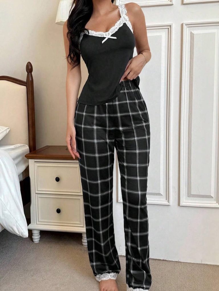 SHEIN Women's Contrast Color Lace Patchwork Camisole And Plaid Print Long Pajama Pants Set , Lace Pajama Set,Plaid Pajama Set, Suspender Pajama Set - Image 6