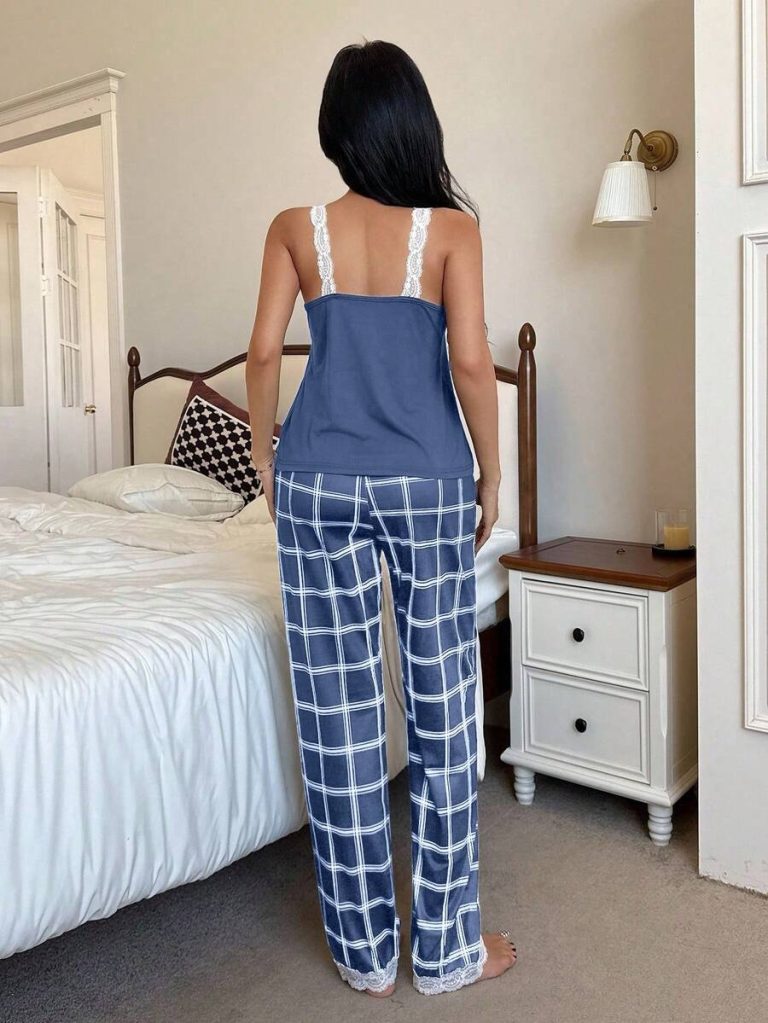 SHEIN Women's Contrast Color Lace Patchwork Camisole And Plaid Print Long Pajama Pants Set , Lace Pajama Set,Plaid Pajama Set, Suspender Pajama Set - Image 9