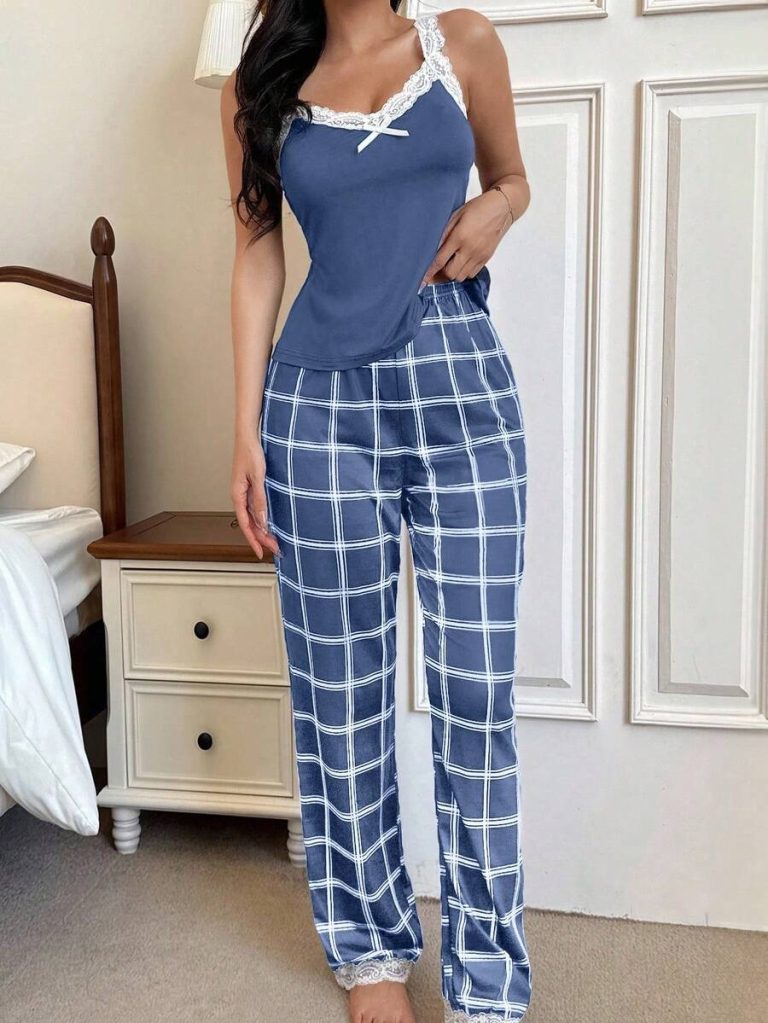 SHEIN Women's Contrast Color Lace Patchwork Camisole And Plaid Print Long Pajama Pants Set , Lace Pajama Set,Plaid Pajama Set, Suspender Pajama Set - Image 12