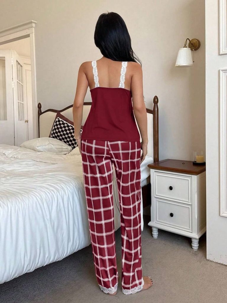 SHEIN Women's Contrast Color Lace Patchwork Camisole And Plaid Print Long Pajama Pants Set , Lace Pajama Set,Plaid Pajama Set, Suspender Pajama Set - Image 15