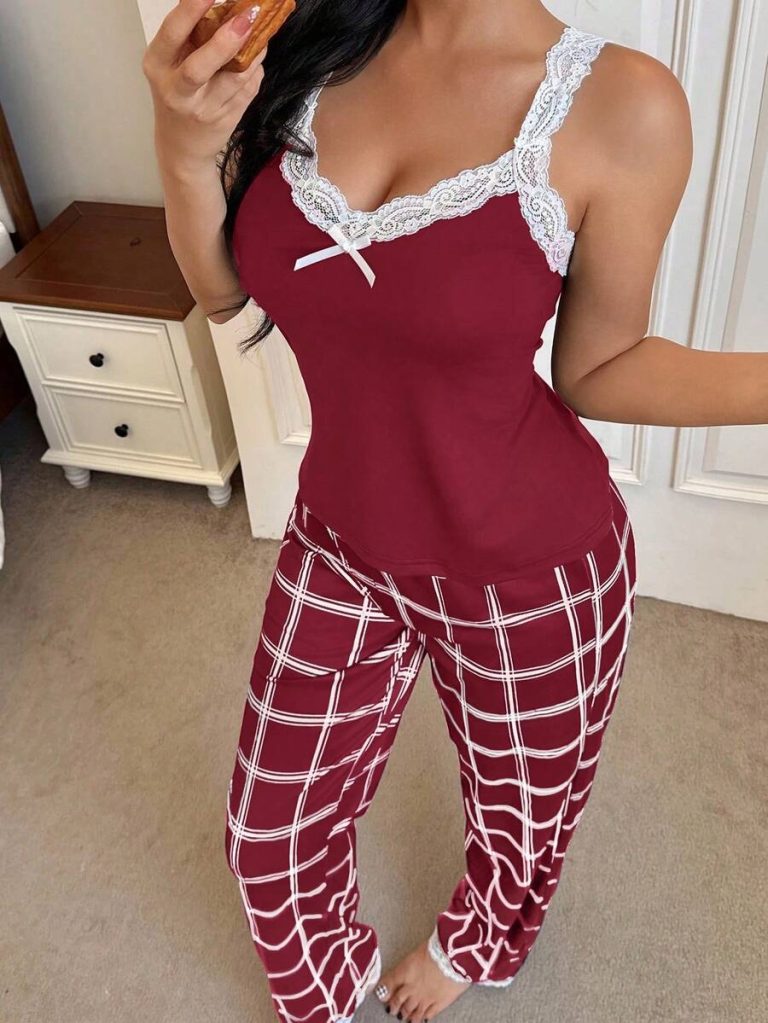 SHEIN Women's Contrast Color Lace Patchwork Camisole And Plaid Print Long Pajama Pants Set , Lace Pajama Set,Plaid Pajama Set, Suspender Pajama Set - Image 17