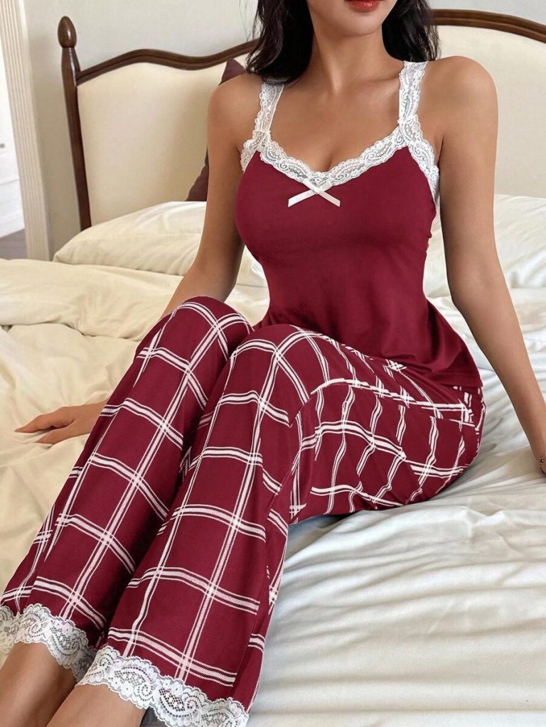 SHEIN Women's Contrast Color Lace Patchwork Camisole And Plaid Print Long Pajama Pants Set , Lace Pajama Set,Plaid Pajama Set, Suspender Pajama Set - Image 18