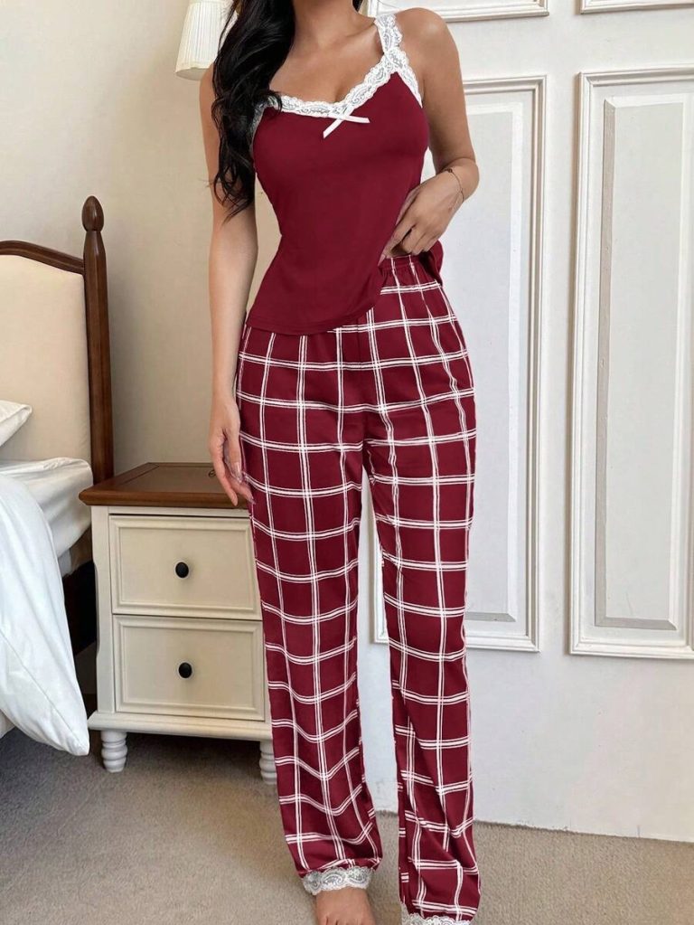 SHEIN Women's Contrast Color Lace Patchwork Camisole And Plaid Print Long Pajama Pants Set , Lace Pajama Set,Plaid Pajama Set, Suspender Pajama Set - Image 19